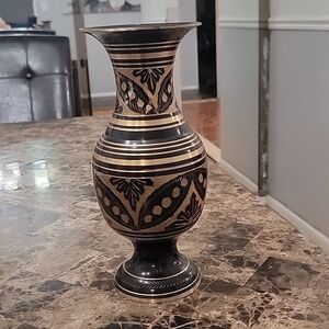 Vintage Black and Gold Brass Vase | Hand Etched Floral Solid Brass BH